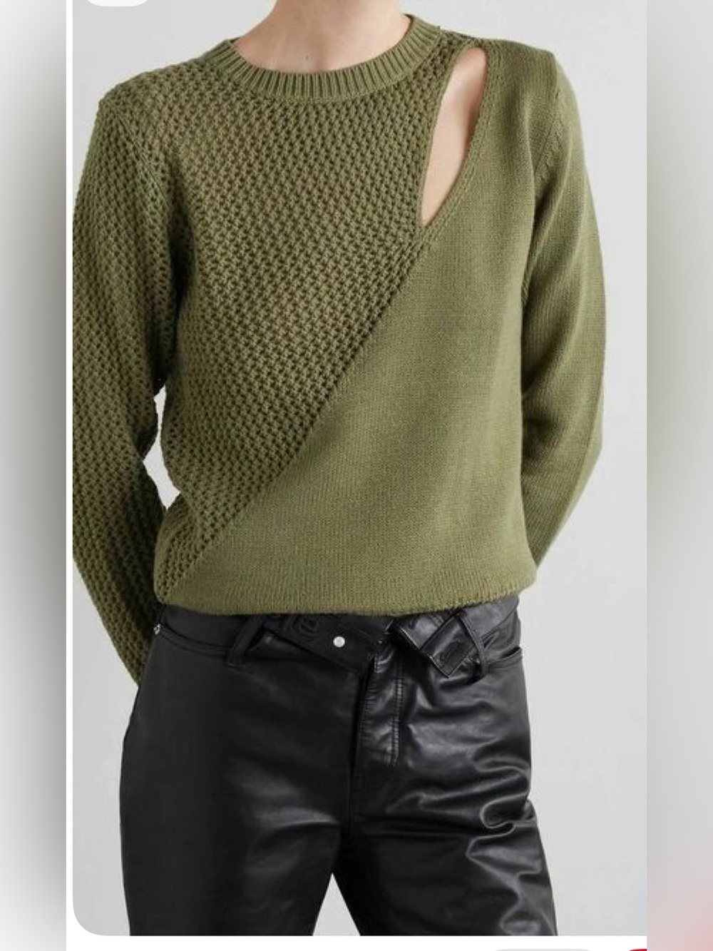 RtA Olive Green Women's Crewneck Sweater with Diagonal Knit Texture & cut out